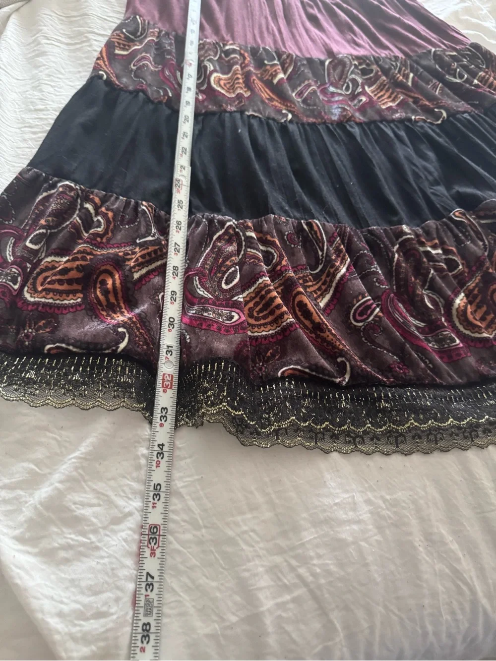 Vintage 90s FANG Whimsigoth Tiered Paisley Maxi Skirt Burgundy Black